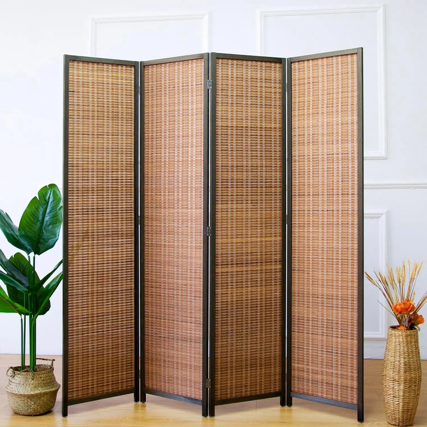 Bamboo 4 Panel Room Divider Folding Screen For Separation