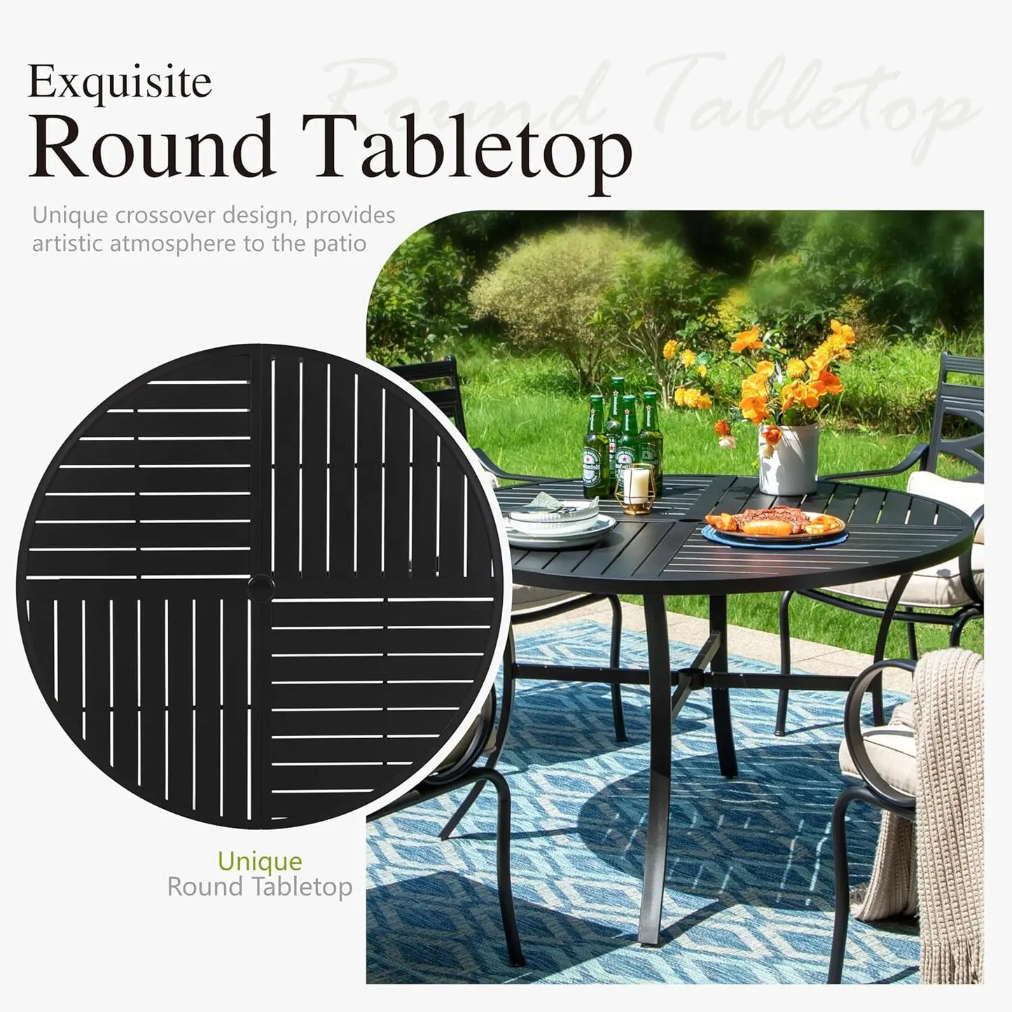 42" Round Patio Table, Black Metal Outdoor Dining Table for 4, E-Coating Outdoor Patio Table with 1.57" Umbrella, Customized