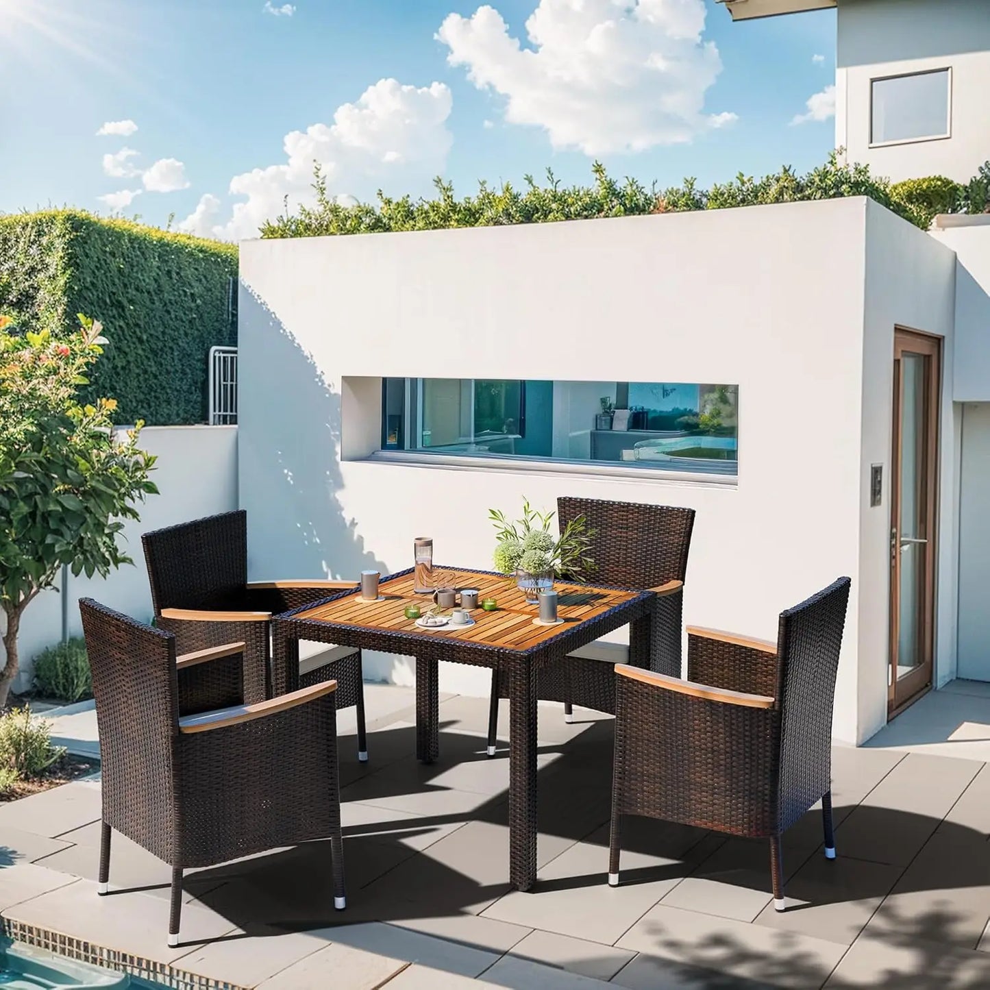 Patio Dining Set With Wicker Chairs And Wood Table Top