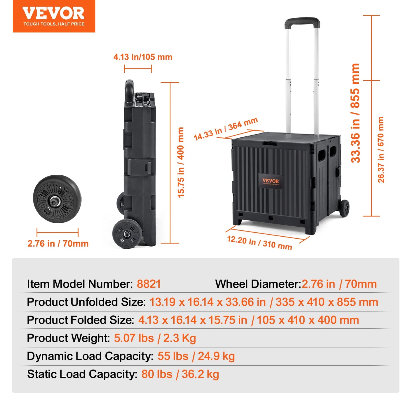 SucceBuy Foldable Utility Shopping Cart Folding Portable Crate Handcart with Telescope Handle Wheels for Travel Office Garden