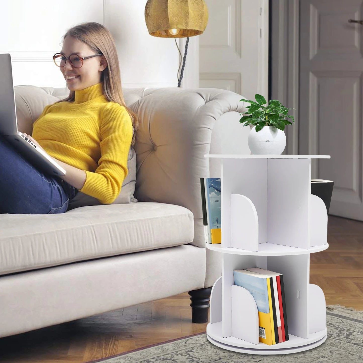 Rotating Bookshelf 360° 2-Layer Rotating Bookshelf Bookcase Freestanding Storage Shelf Display Rack Bookshelf for Living Room