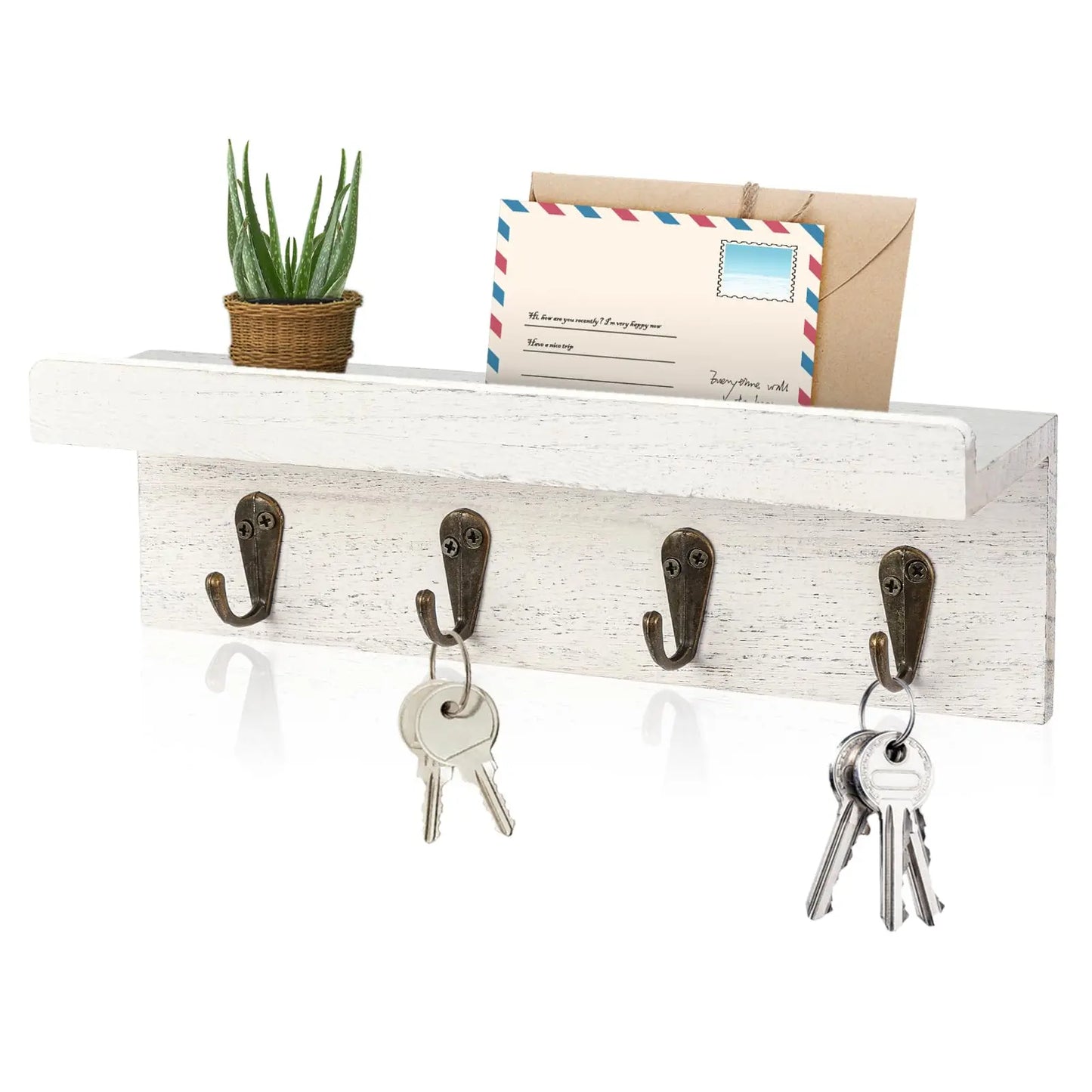 Rustic Wood Key Holder Wall Mount With Four Hooks Decor