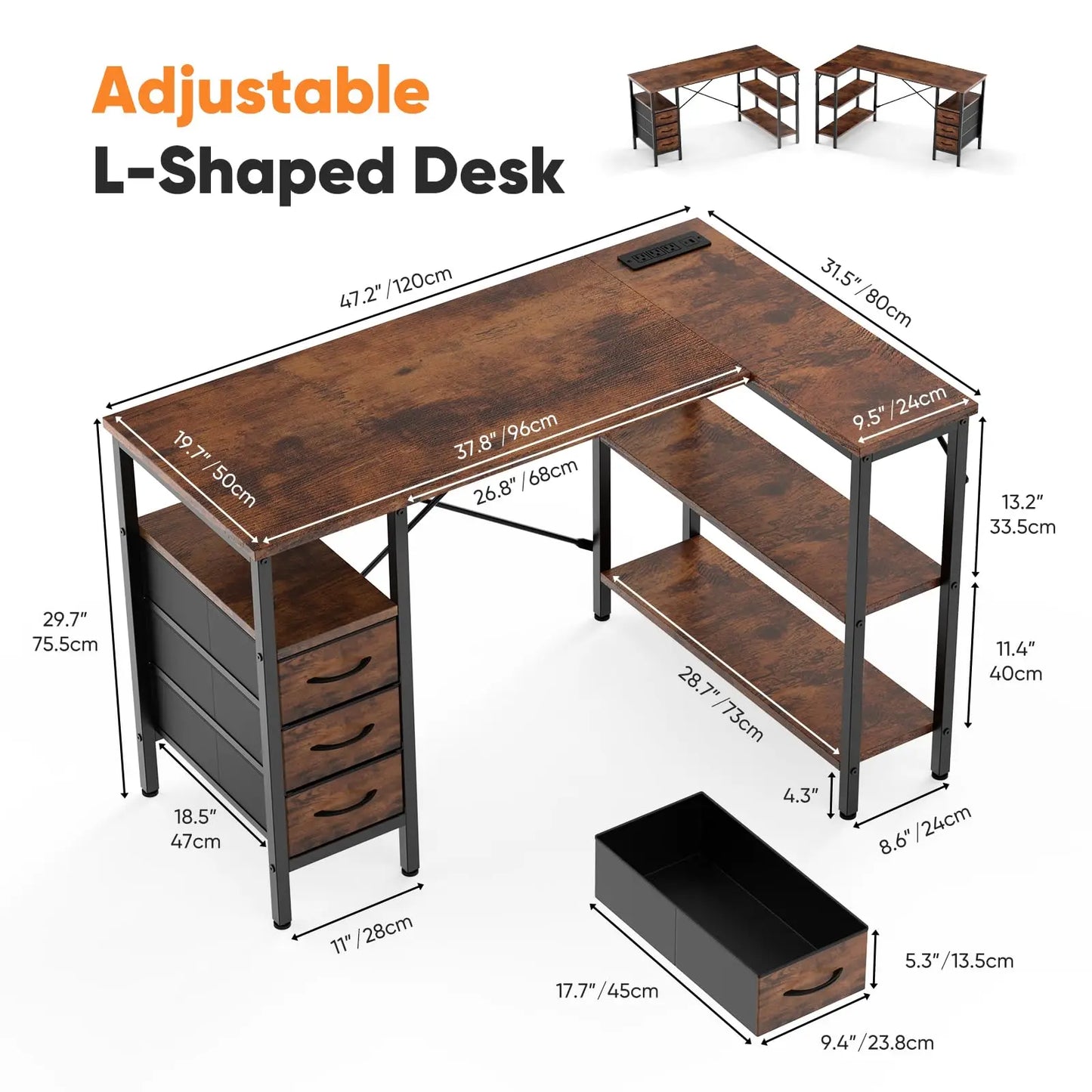 JHK L Shaped Desk With Shelves And Drawers