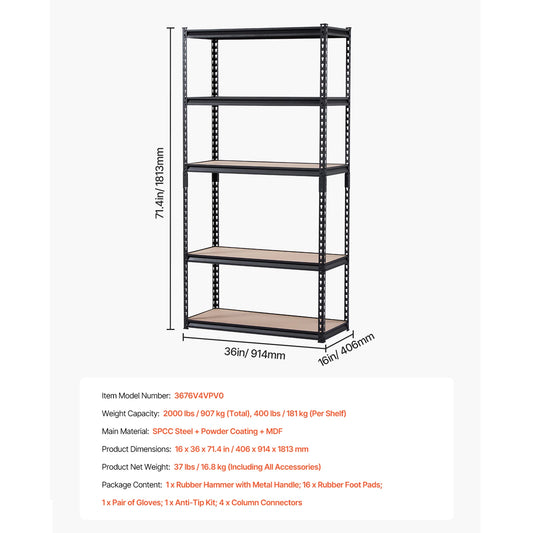 VEVOR 5 Tier Metal Garage Shelf Units 400lbs Per Shelf with Height Adjustable Storage Shelving for Warehouse Workshop Office