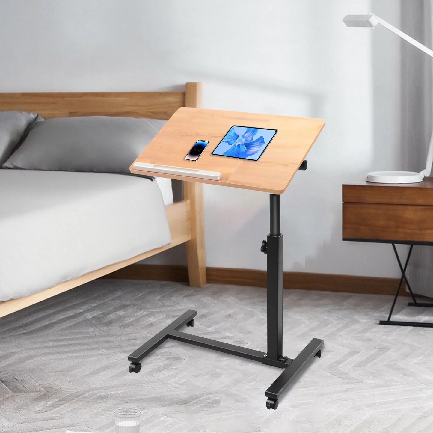 Bymaocar Rolling Standing Laptop Desk With Adjustable Height Overbed Table