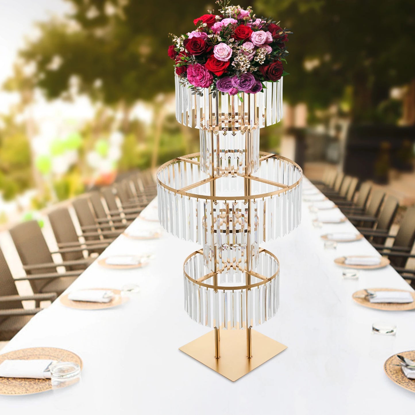 5 Tiers Wedding Flower Stand Acrylic Wedding Centerpiece with Crystal Pendants Gold/Silver for Ceremony Aisle Banquet Decoration