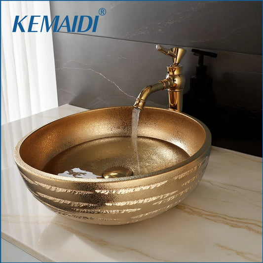 KEMAIDI Round Gold Ceramic Vessel Sink Set, Textured Golden Bathroom Basin with Faucet Luxury Above-Counter Vanity Sink Combo