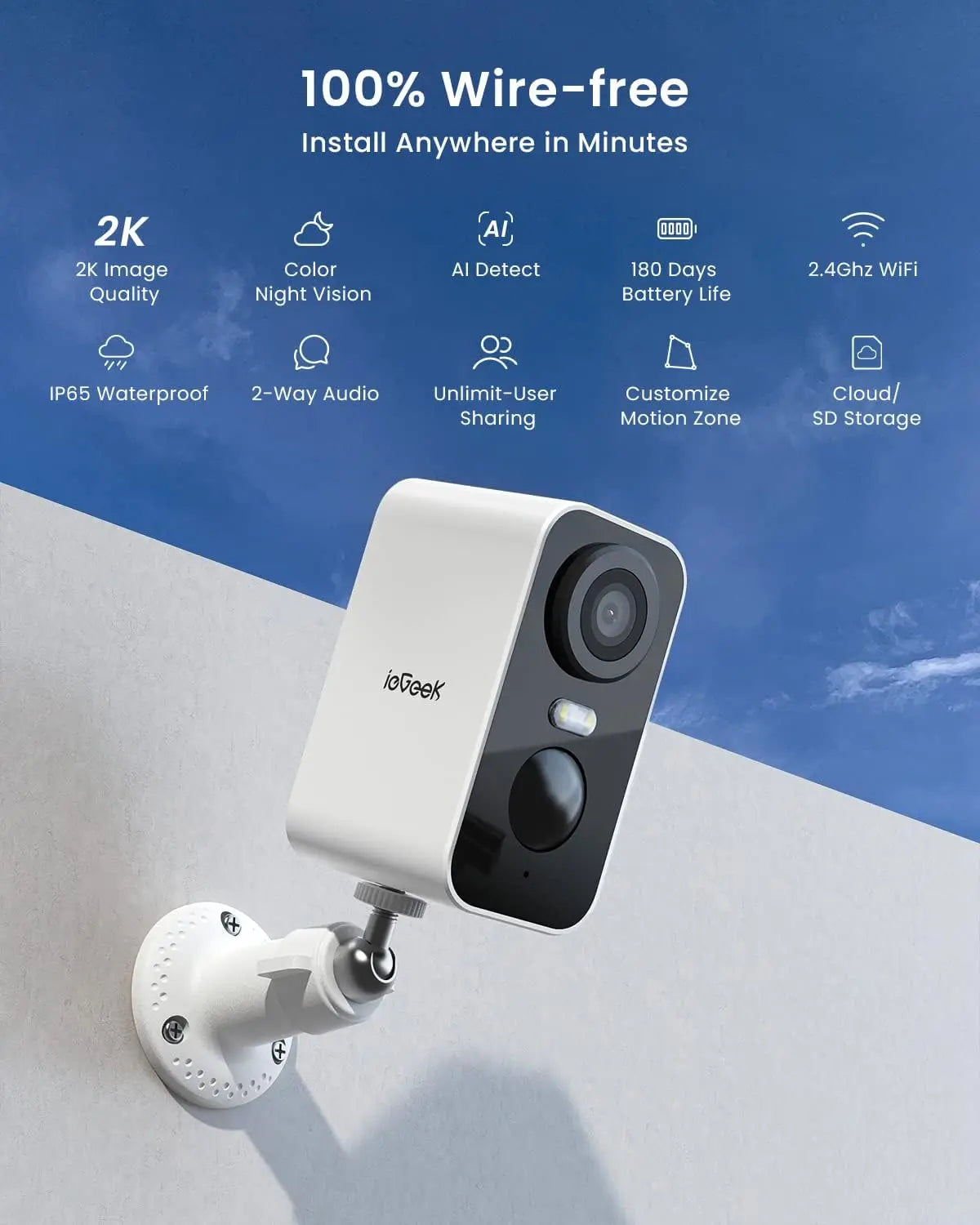 IEGEEK 2K Wireless Outdoor Security Camera With Rechargeable Battery