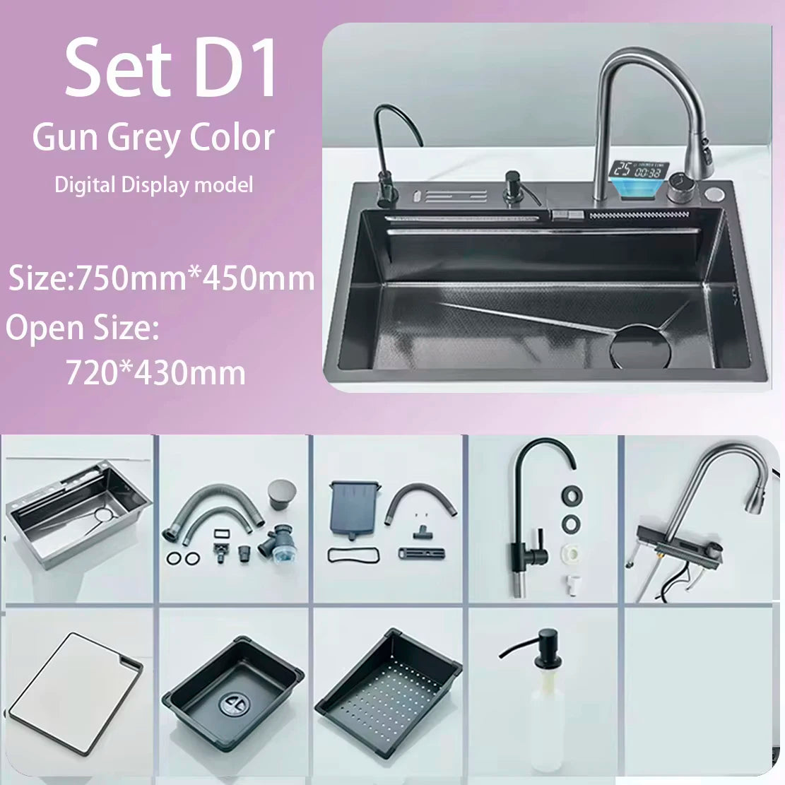 Stainless Steel Kitchen Waterfall Sink With Digital Display
