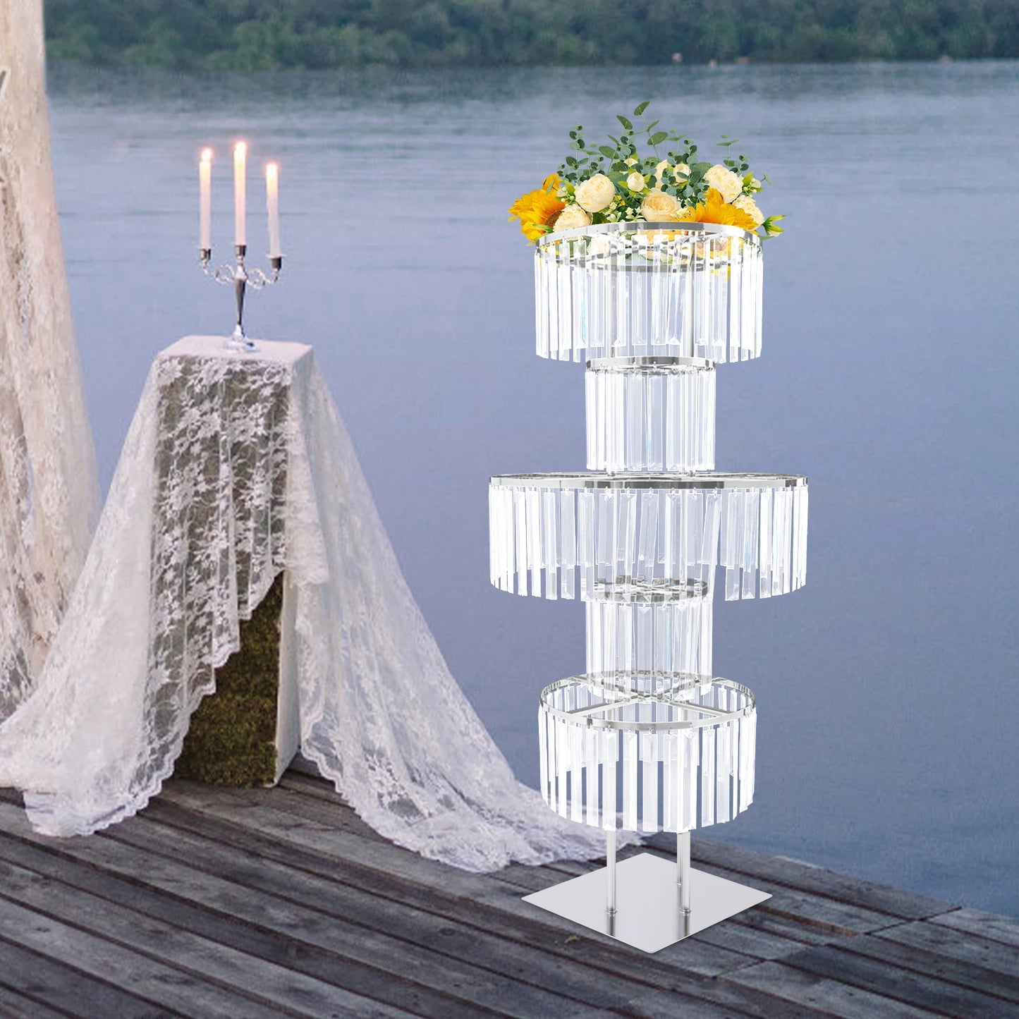 5 Tiers Wedding Flower Stand Acrylic Wedding Centerpiece with Crystal Pendants Gold/Silver for Ceremony Aisle Banquet Decoration