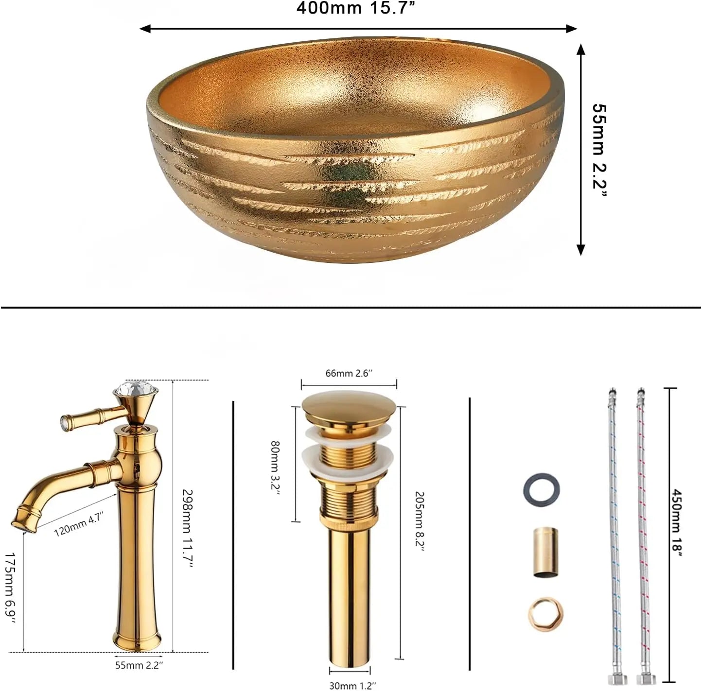 KEMAIDI Round Gold Ceramic Vessel Sink Set, Textured Golden Bathroom Basin with Faucet Luxury Above-Counter Vanity Sink Combo