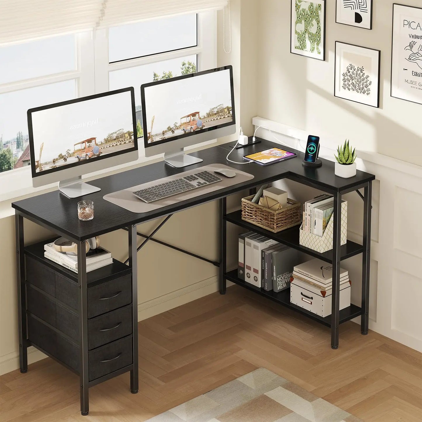 JHK L Shaped Desk With Shelves And Drawers