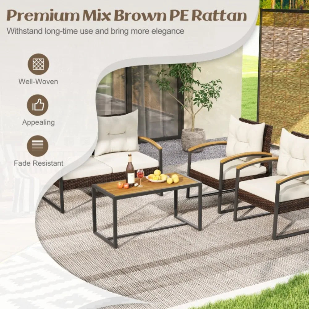 Patio Outdoor Rattan Conversation Sofa Set With Tabletop Cushions
