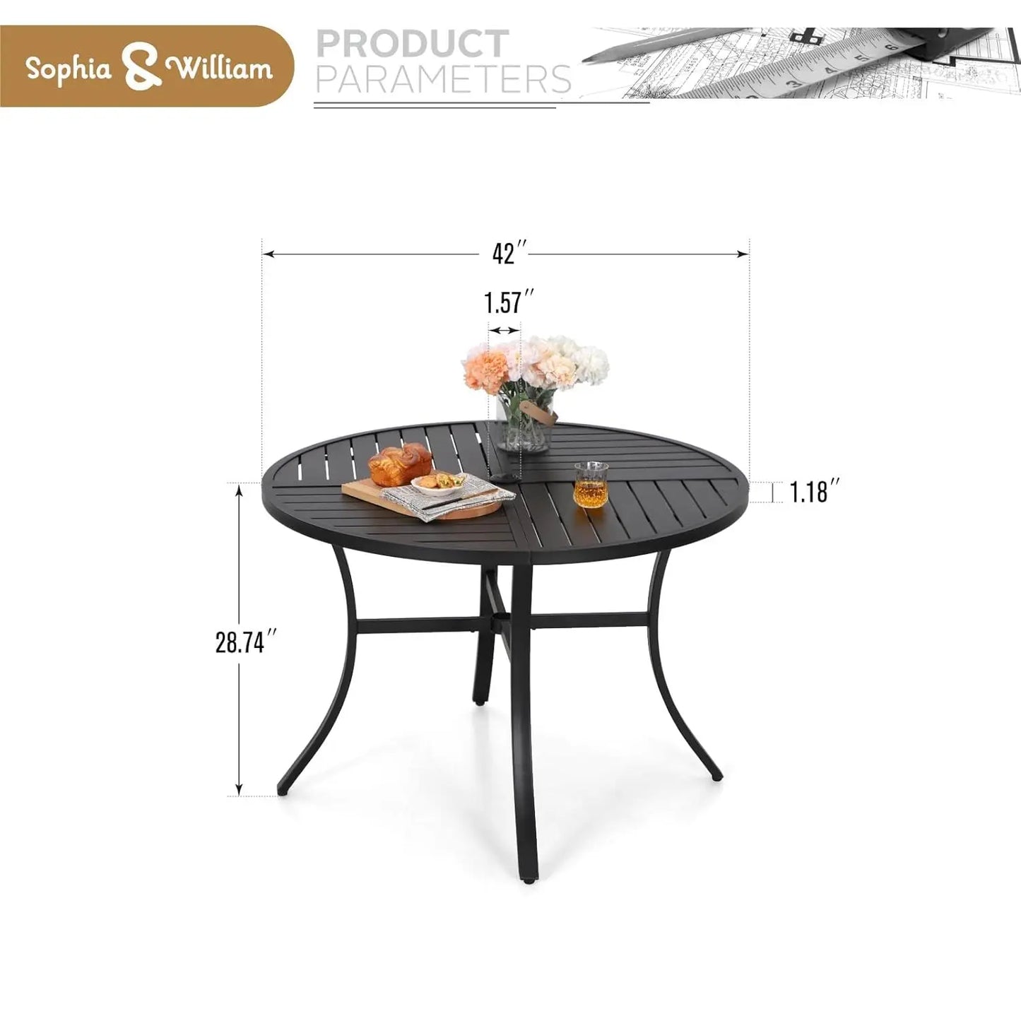 42" Round Patio Table, Black Metal Outdoor Dining Table for 4, E-Coating Outdoor Patio Table with 1.57" Umbrella, Customized