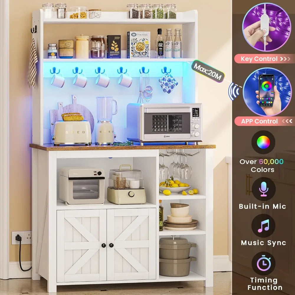 Bakers Rack with Power Outlet and Storage, Farmhouse Coffee Bar Cabinet, Microwave Stand Kitchen Cabinet with Hutch