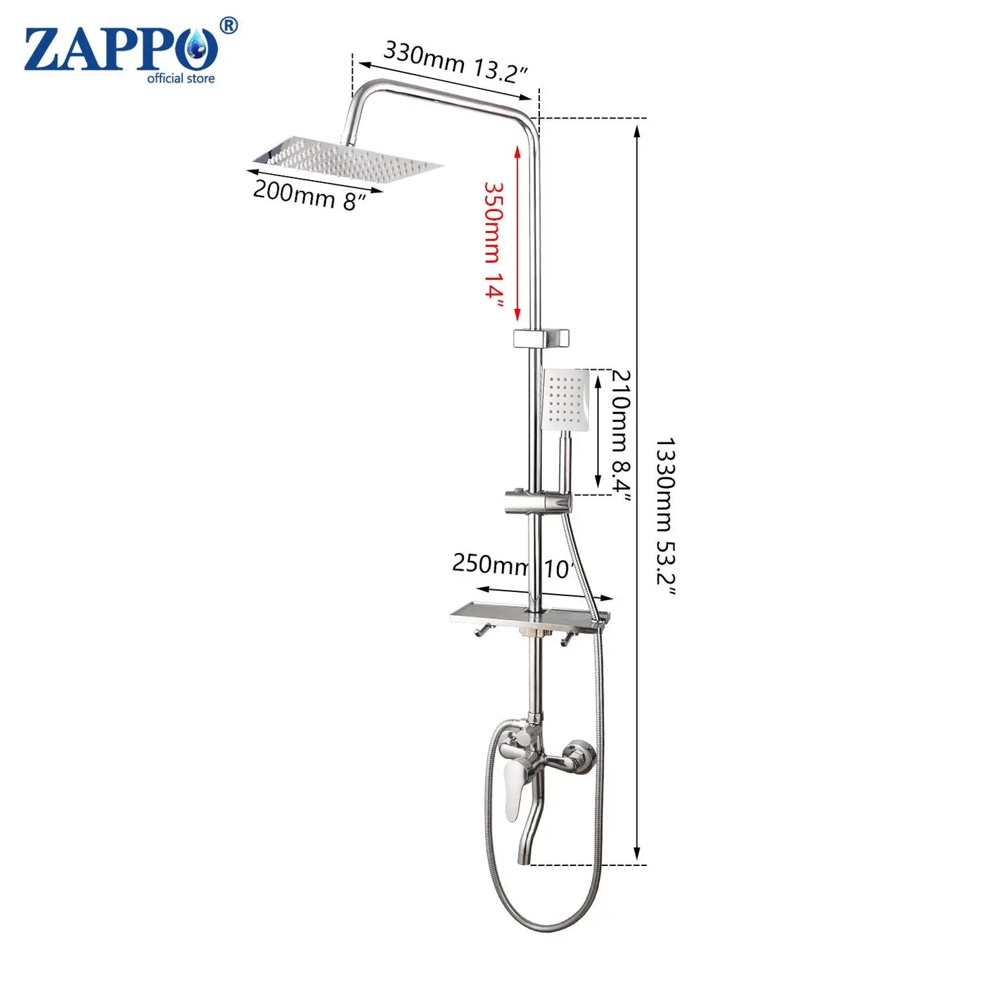 ZAPPO Bathroom Shower Faucet Wall Mount Chrome Polish Rainfall  Shower Faucet Set Bathtub Mixer Tap Bathroom Adjust Height