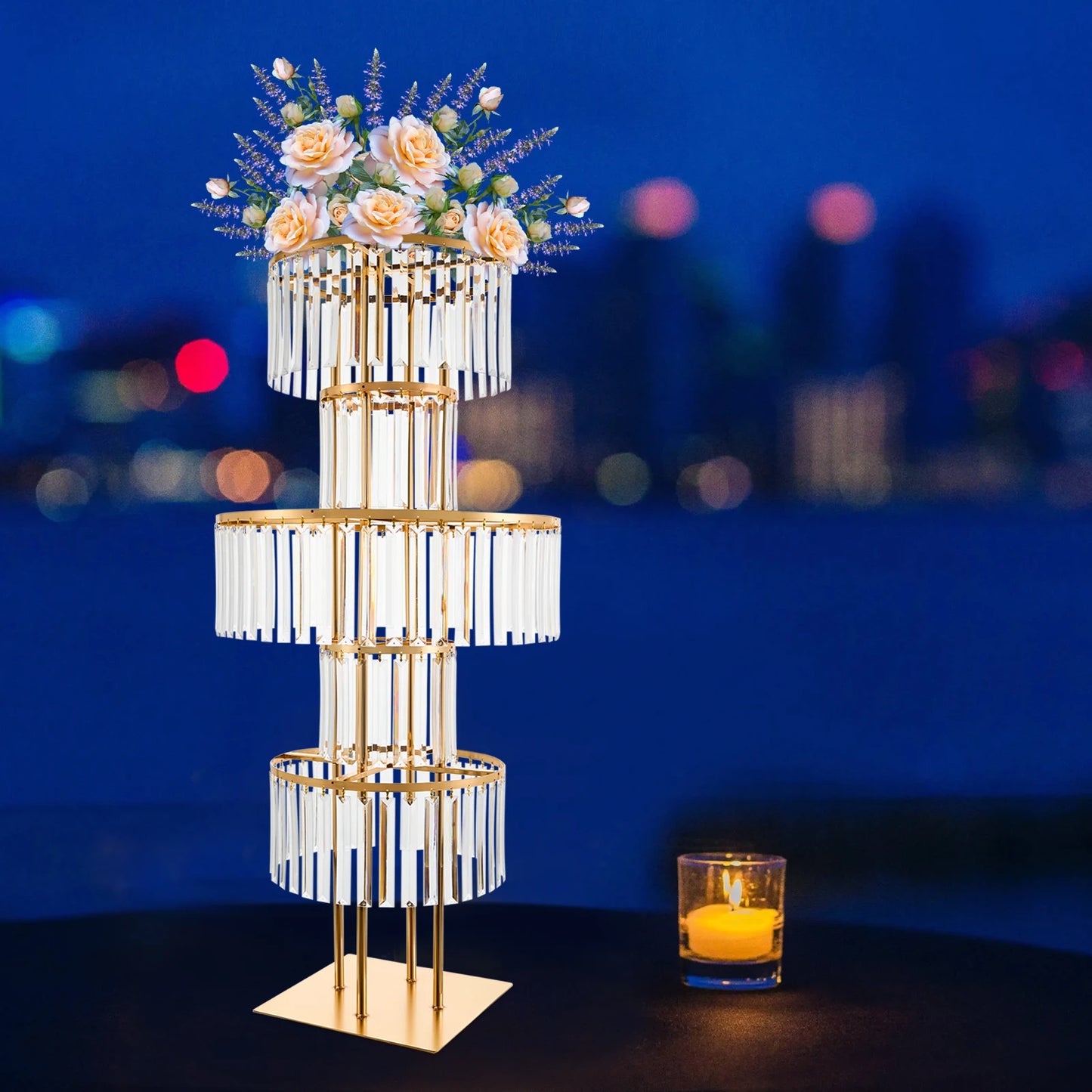 5 Tiers Wedding Flower Stand Acrylic Wedding Centerpiece with Crystal Pendants Gold/Silver for Ceremony Aisle Banquet Decoration