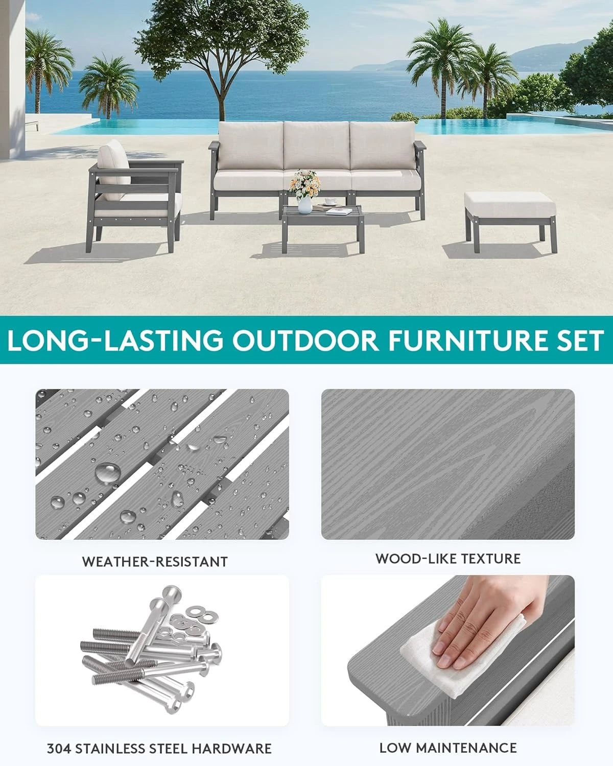 HDPE Patio Furniture 6 Piece Outdoor Sectional Sofa Set