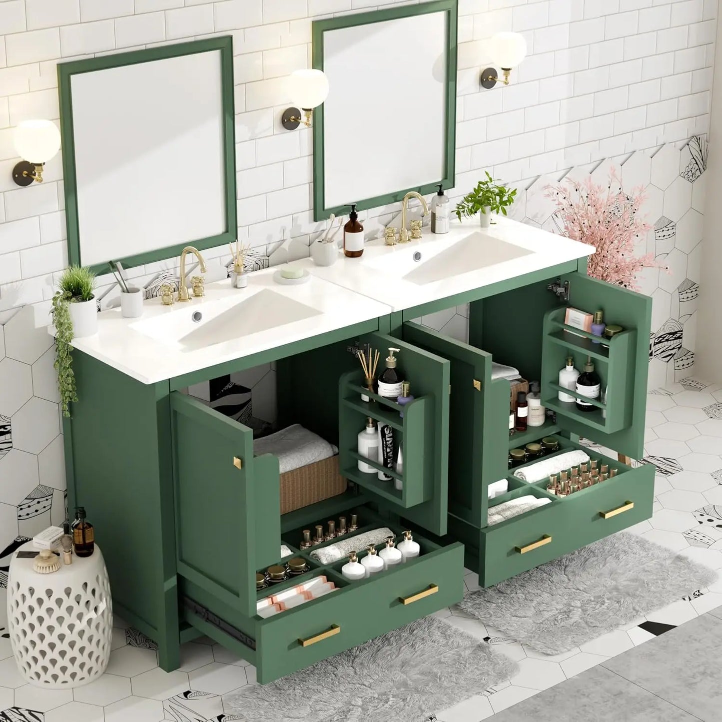 Double Sink Bathroom Vanity Solid Wood Cabinet With Storage Drawers
