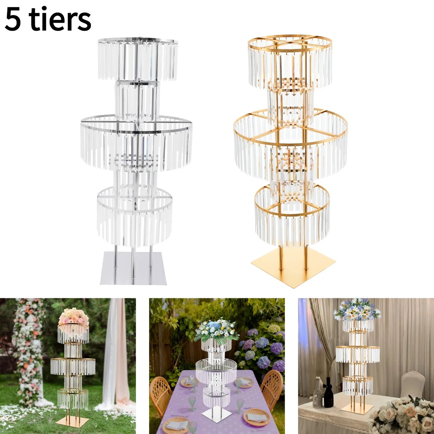 5 Tiers Wedding Flower Stand Acrylic Wedding Centerpiece with Crystal Pendants Gold/Silver for Ceremony Aisle Banquet Decoration