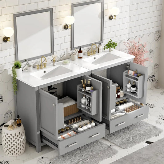 Double Sink Bathroom Vanity Solid Wood Cabinet With Storage Drawers