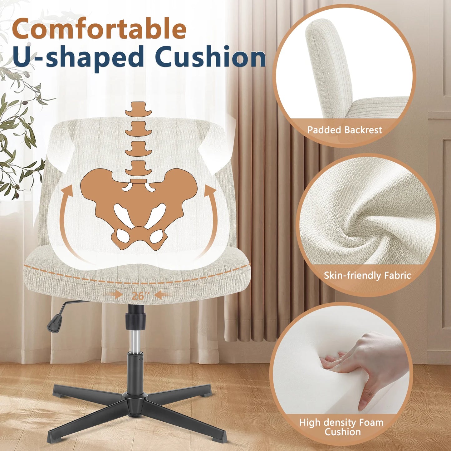 JHK Cross Legged Office Rocking Chair Armless Adjustable Swivel