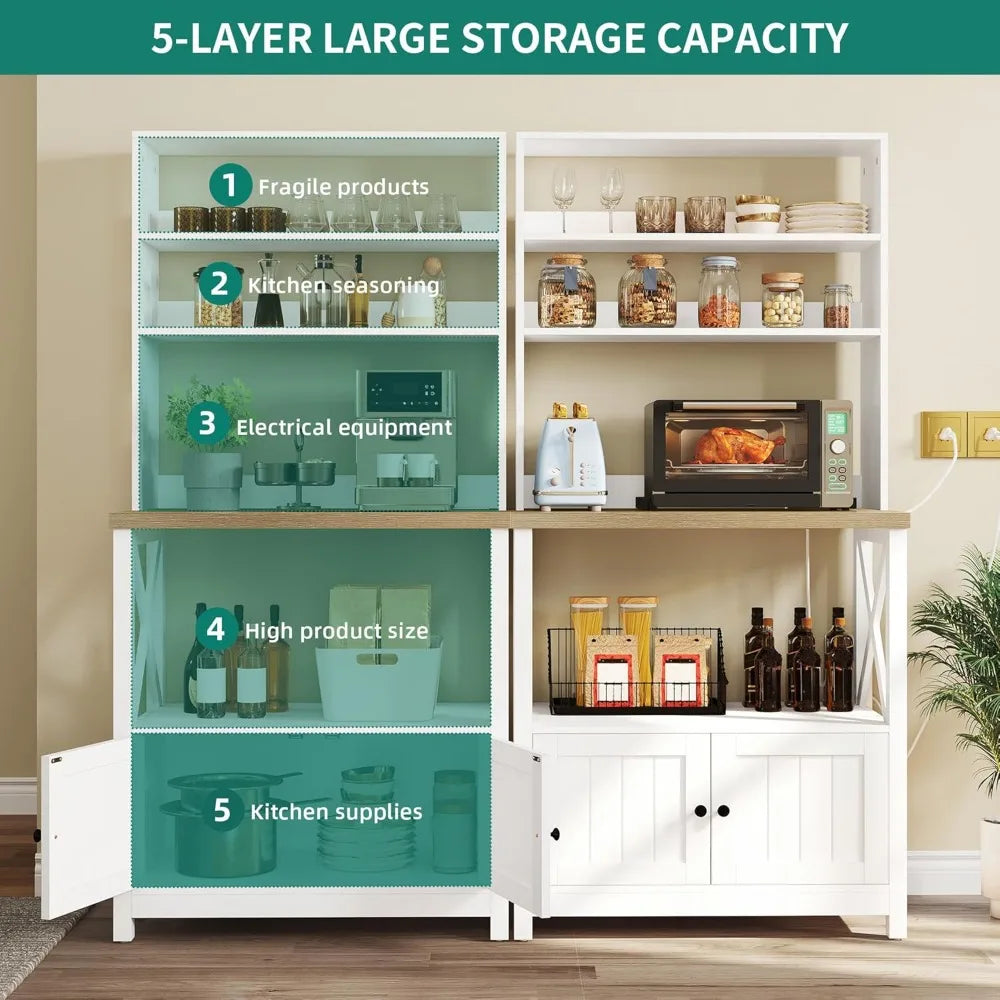 YITAHOME White Microwave Stand Bakers Rack Cabinet, Farmhouse Freestanding Small Kitchen Pantry Hutch Tall w Door Power Outlet T