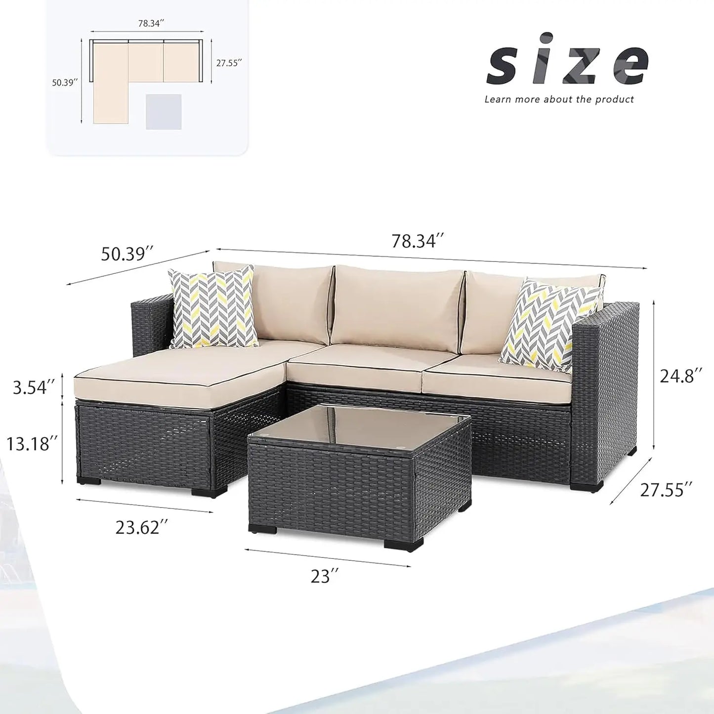 Outdoor Three-Piece Rattan Sectional Set With Glass Table Cushions