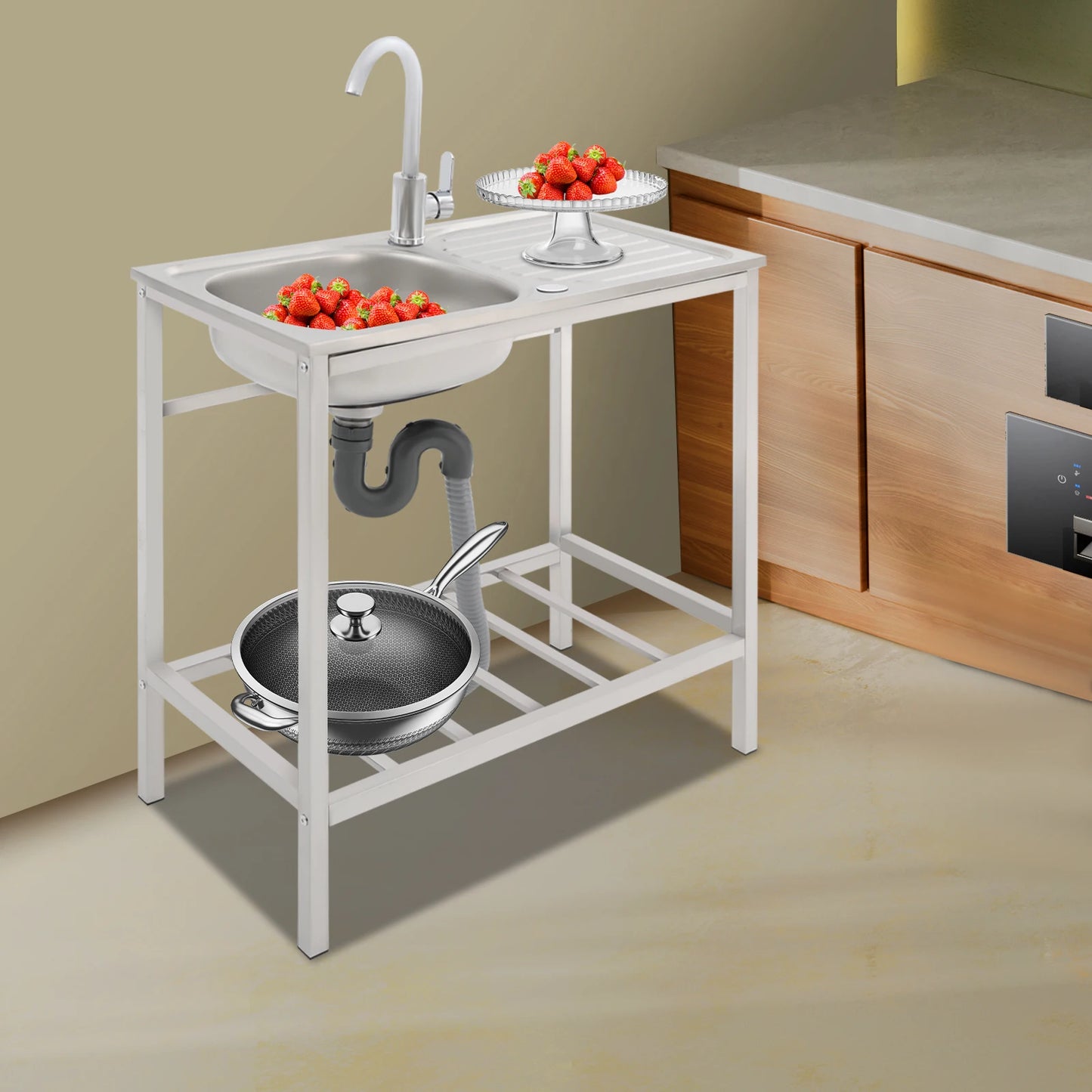 Stainless Steel Free Standing Single Bowl Kitchen Sink With Faucet