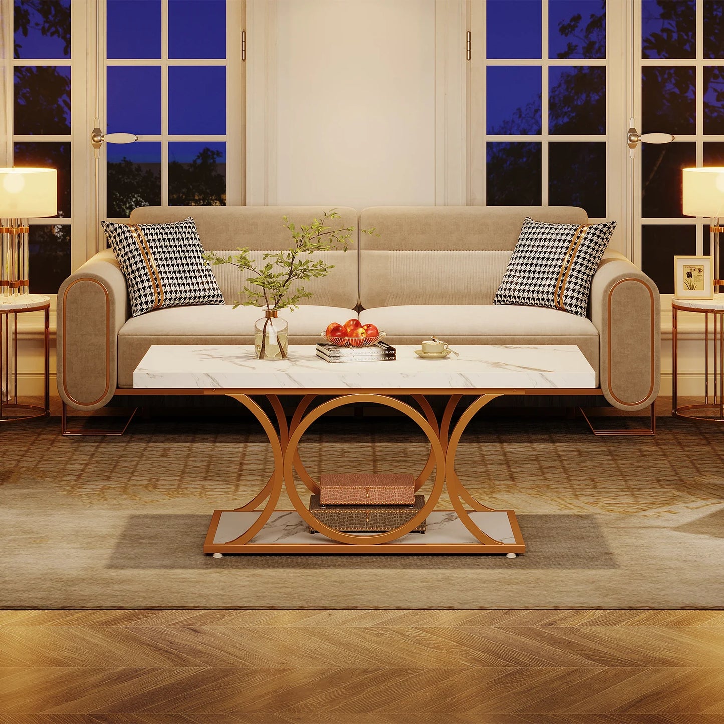 Tribesigns Rectangle Coffee Table 2-Tier Faux Marble Wood