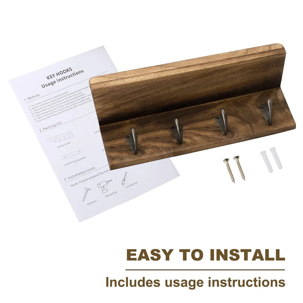 Rustic Wood Key Holder Wall Mount With Four Hooks Decor