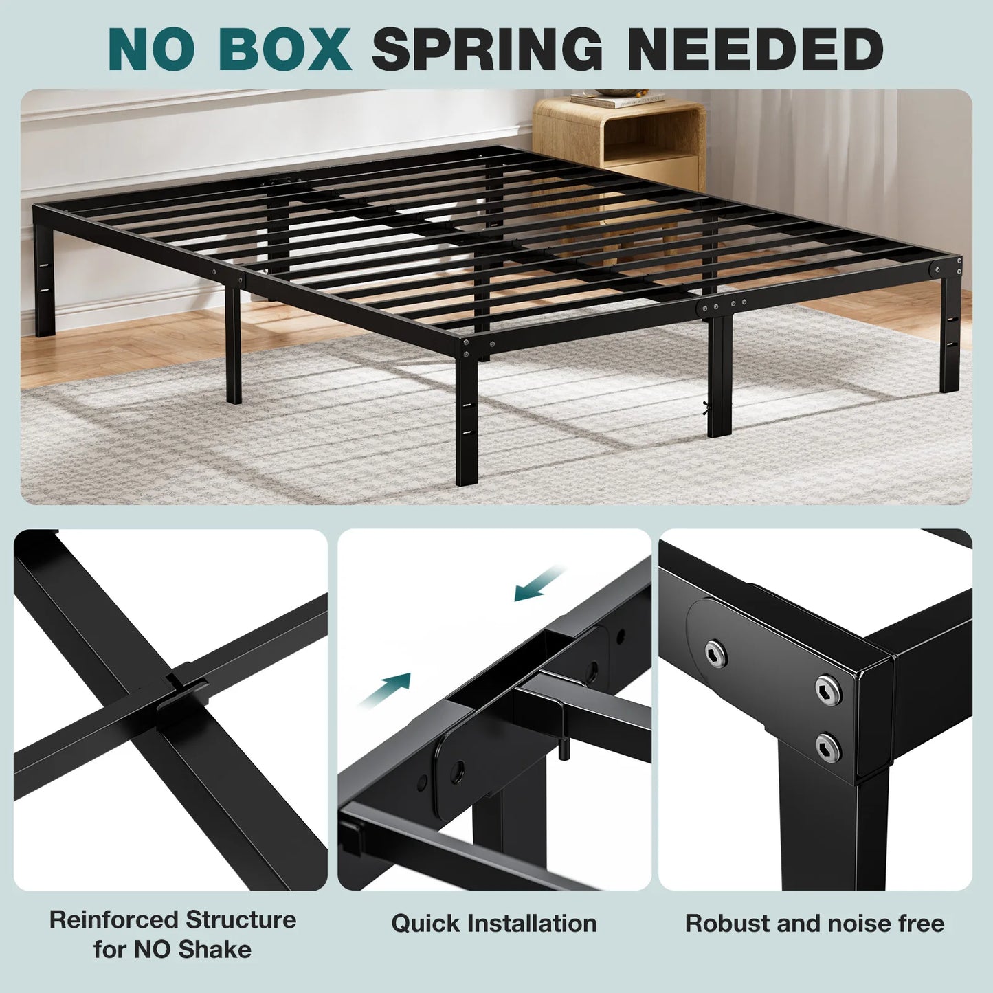 JHK Metal Bed Frame With Storage And Solid Slat Support