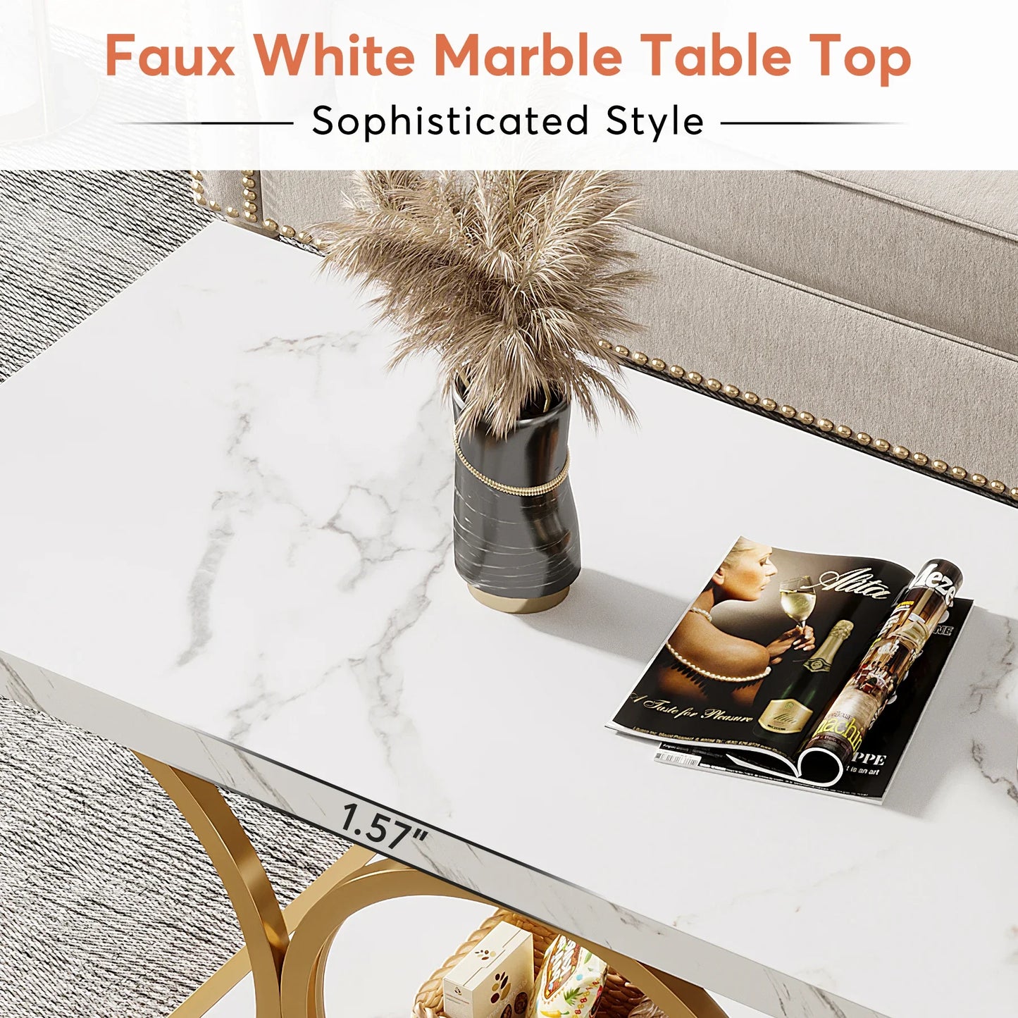 Tribesigns Rectangle Coffee Table 2-Tier Faux Marble Wood