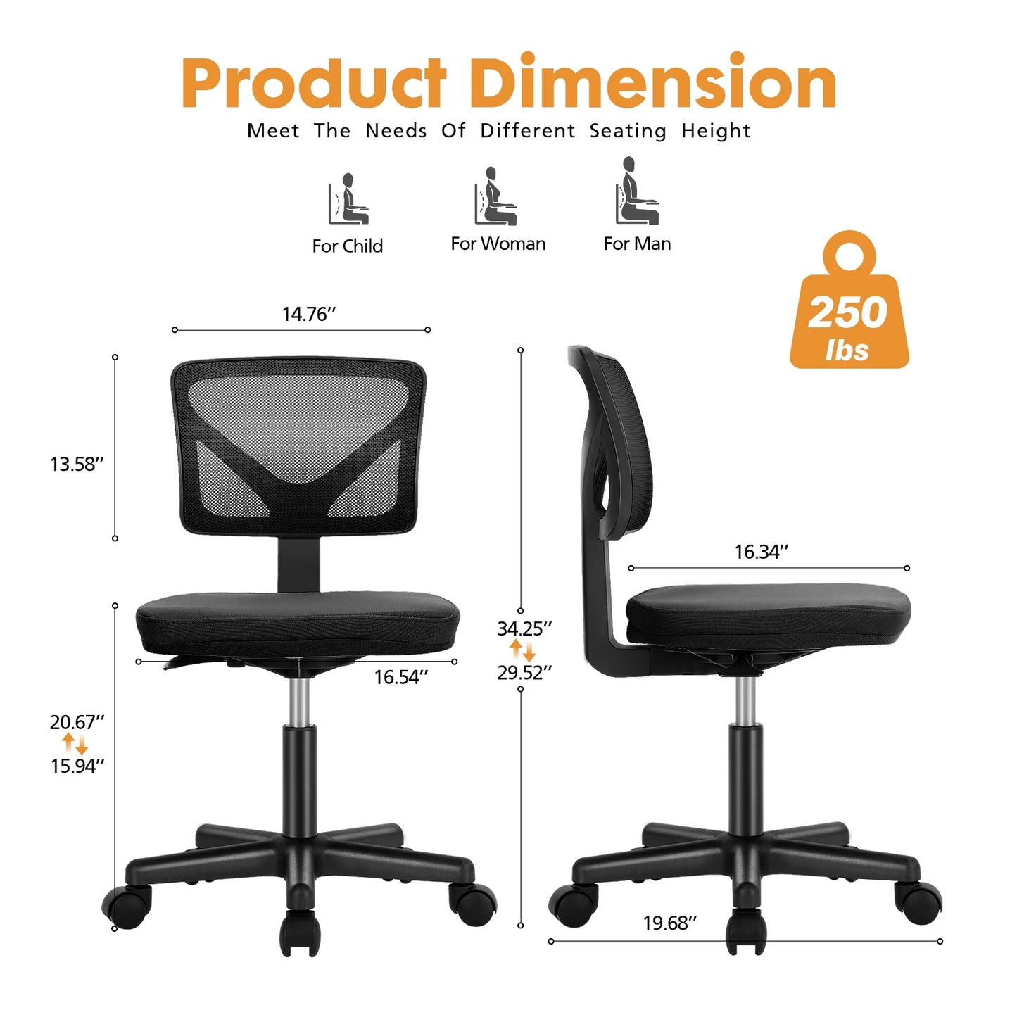 JHK Mesh Lumbar Support Adjustable Armless Office Chair With Wheels