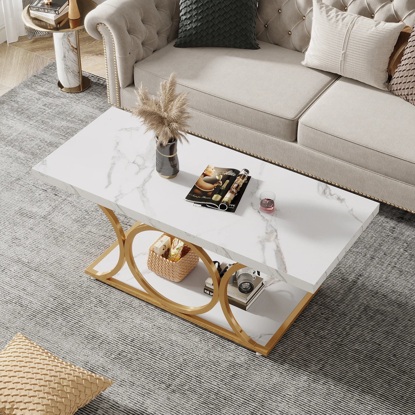 Tribesigns Rectangle Coffee Table 2-Tier Faux Marble Wood