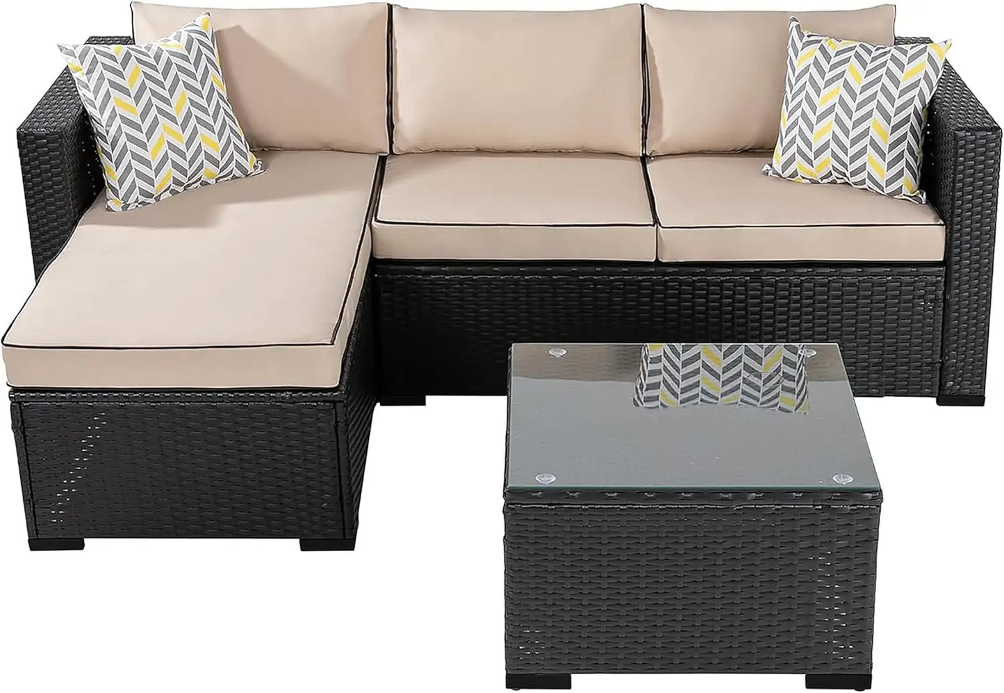 Outdoor Three-Piece Rattan Sectional Set With Glass Table Cushions