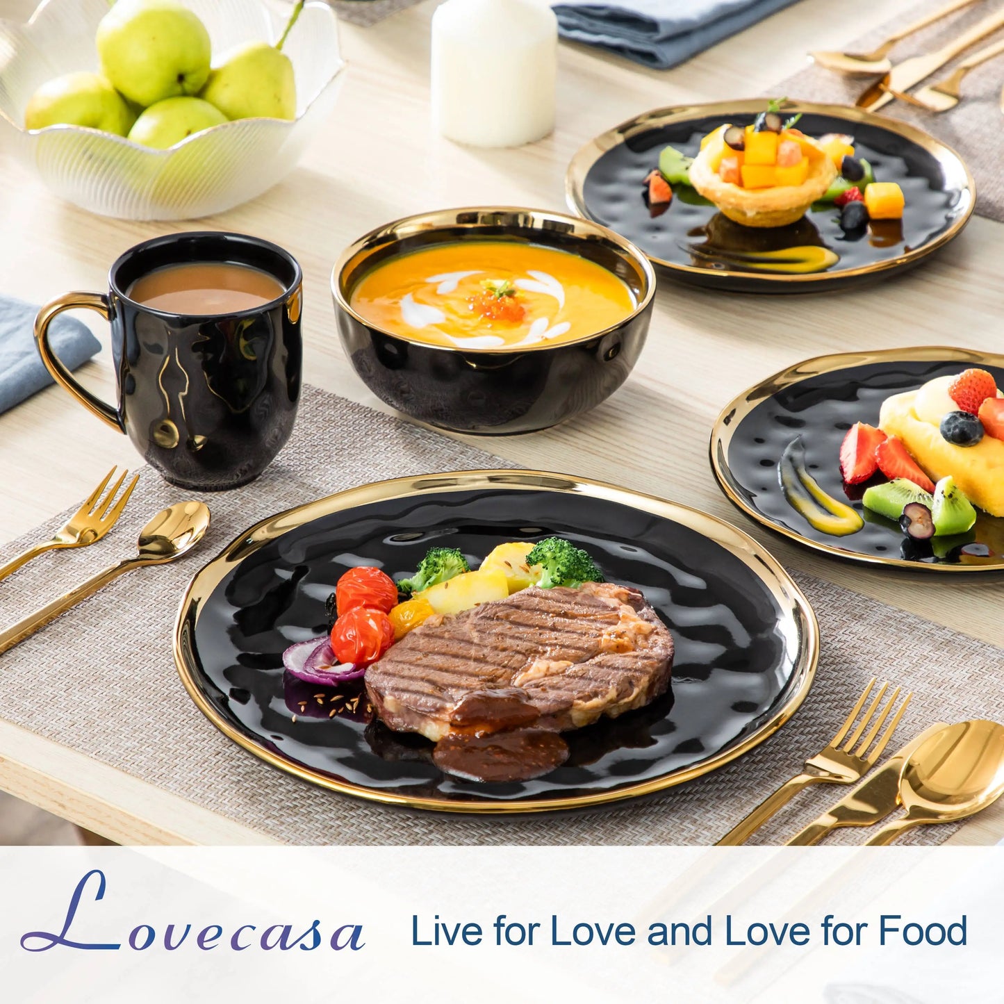 MALACASA Porcelain Dinnerware Set With Gold Trim Everyday Use