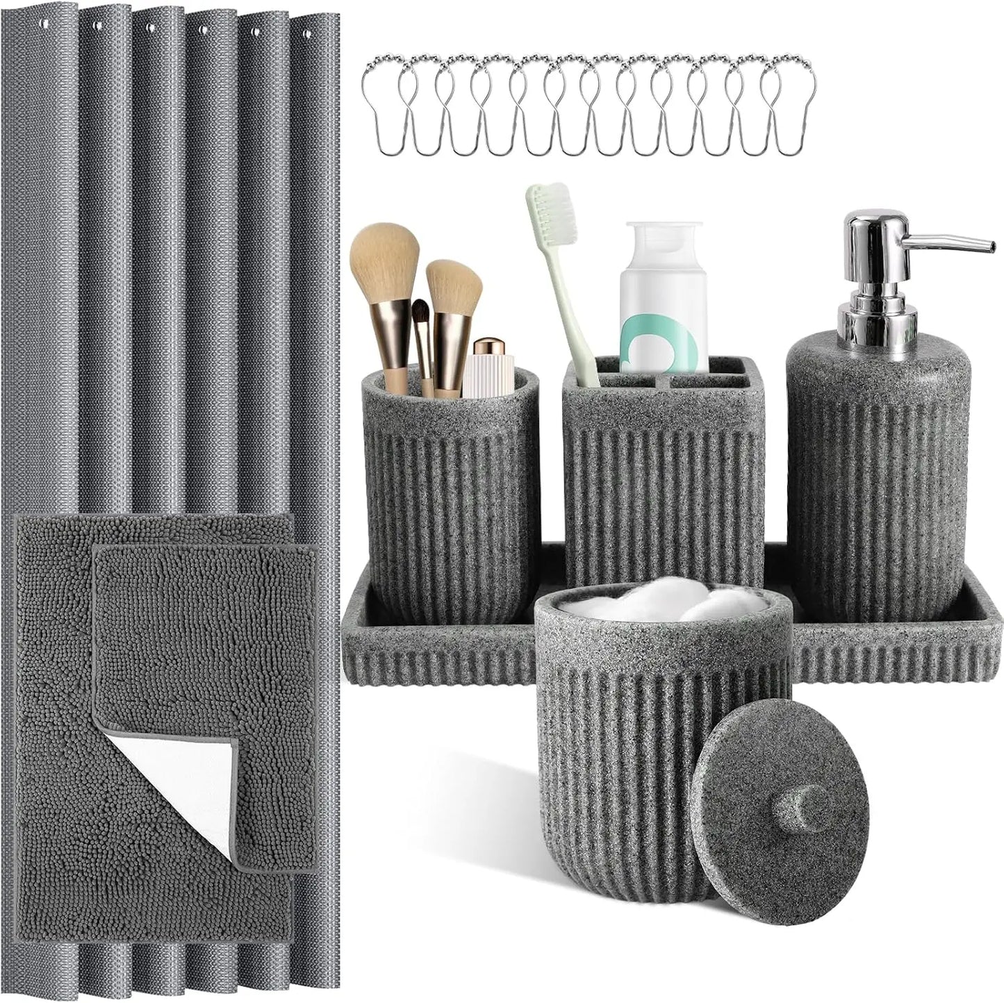 8 Piece Resin Bathroom Set With Shower Curtain And Organizers