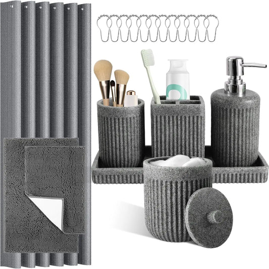 8-Piece Grey Bathroom Set with Shower Curtain, Rugs, Soap Dispenser & Organizers - Resin Accessories for Modern Homes