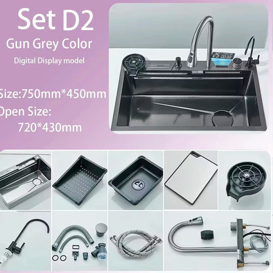 Stainless Steel Kitchen Waterfall Sink With Digital Display