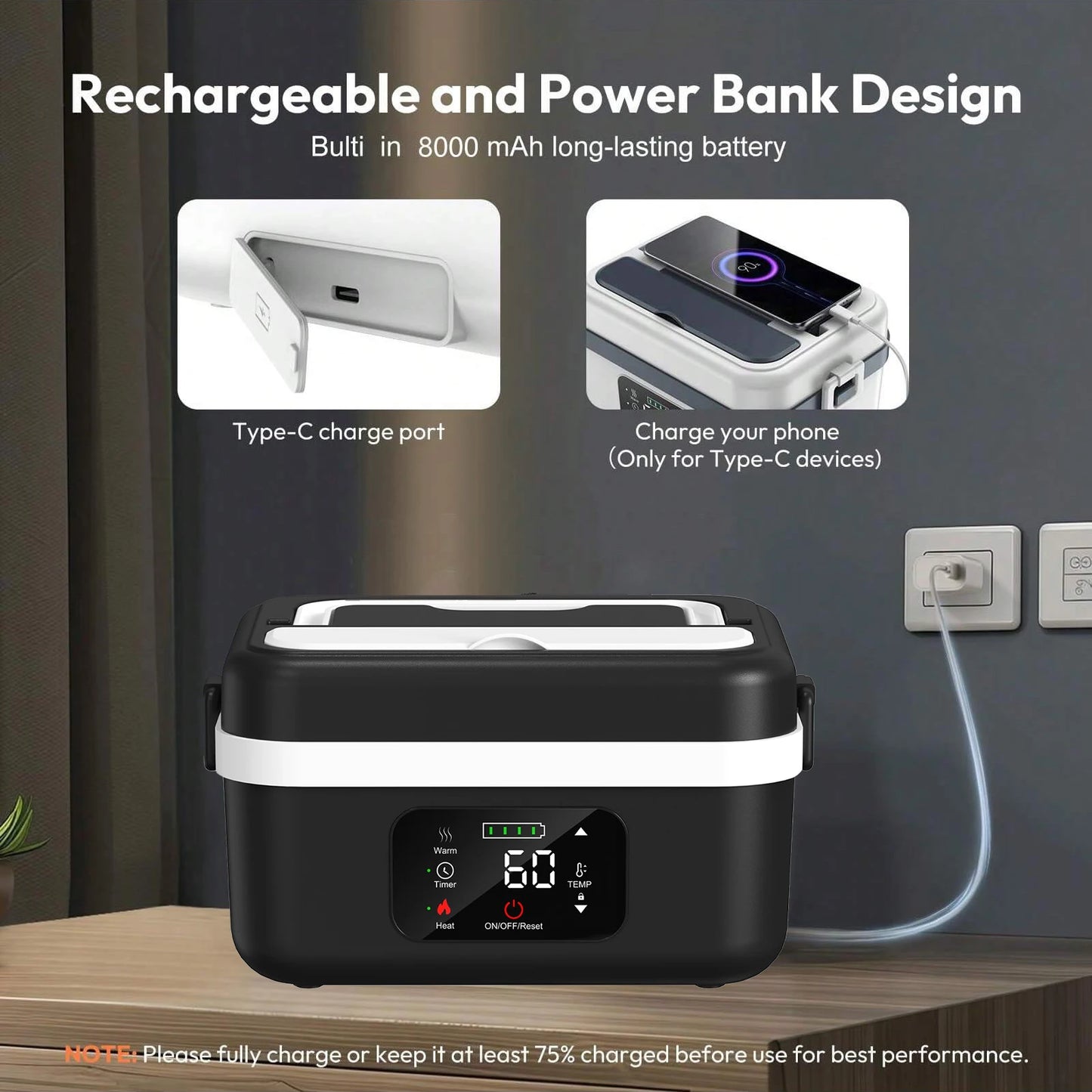 Wireless Insulated Lunch Box With 8000mAh Battery 60W Heating