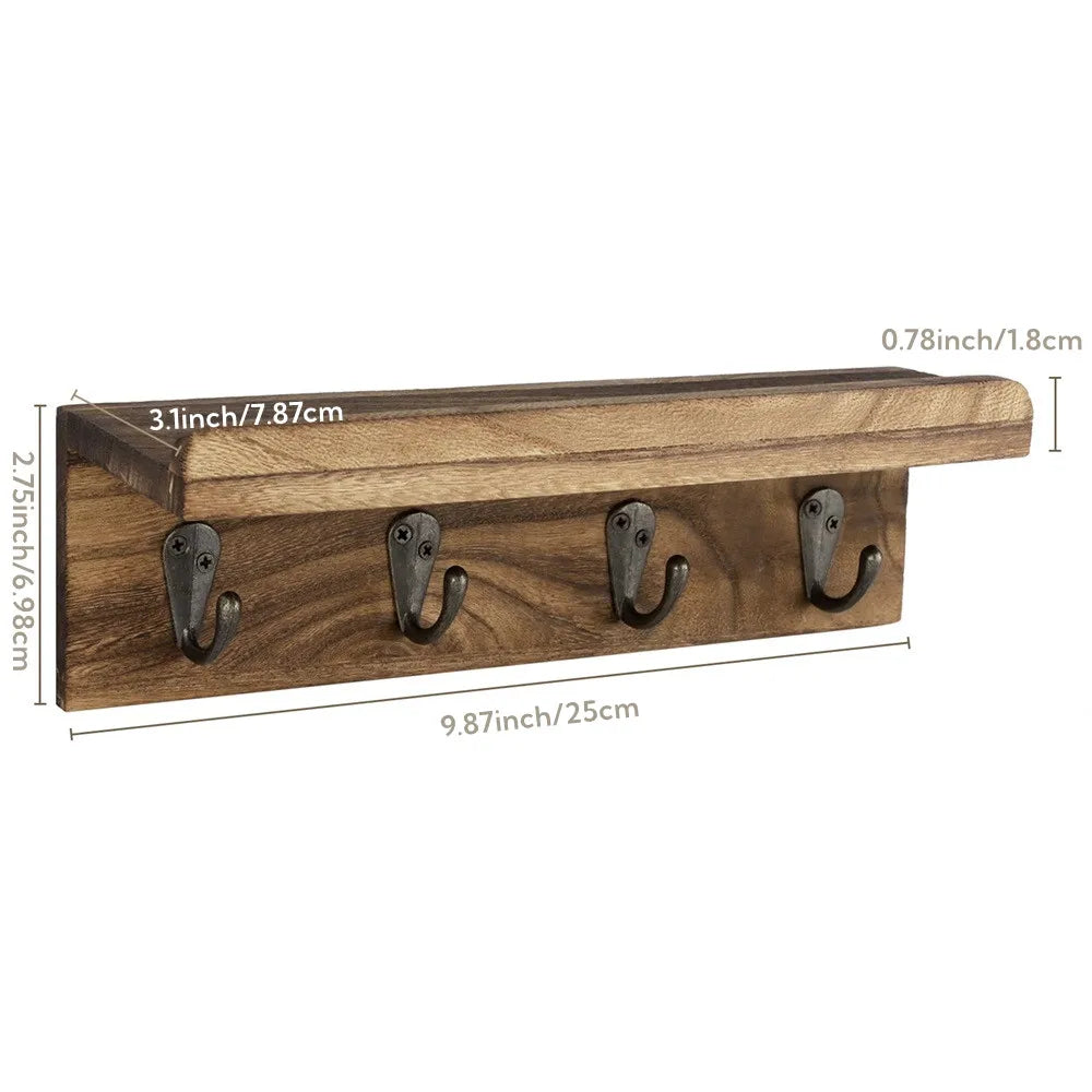 Rustic Wood Key Holder Wall Mount With Four Hooks Decor