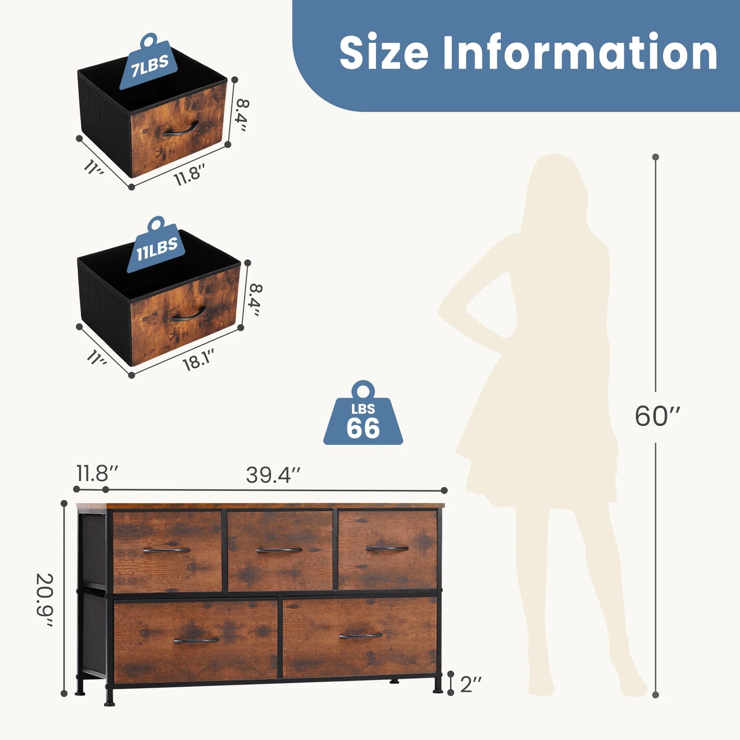 JHK Living Room Display Cabinet With 5 Fabric Drawers