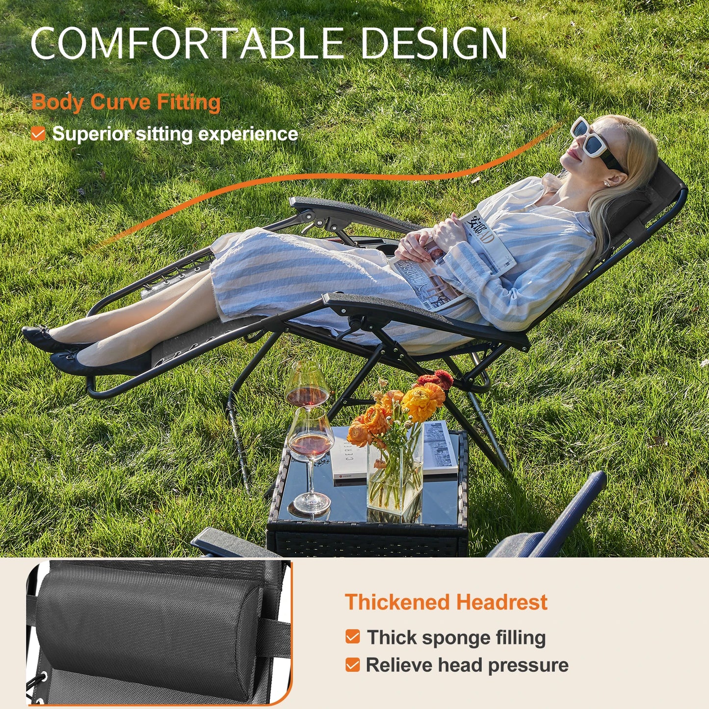 JHK Zero Gravity Set of 2 Portable Recliner Lounge Chairs with Cup Holders