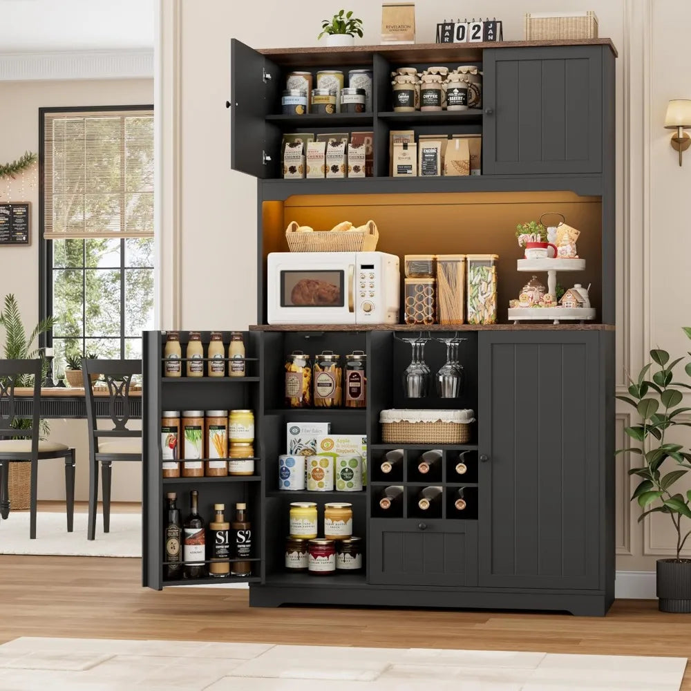 71" Pantry Cabinet with LED Light and Charging Station, Kitchen Pantry Cabinet with Microwave Stand, Kitchen Hutch, Customized