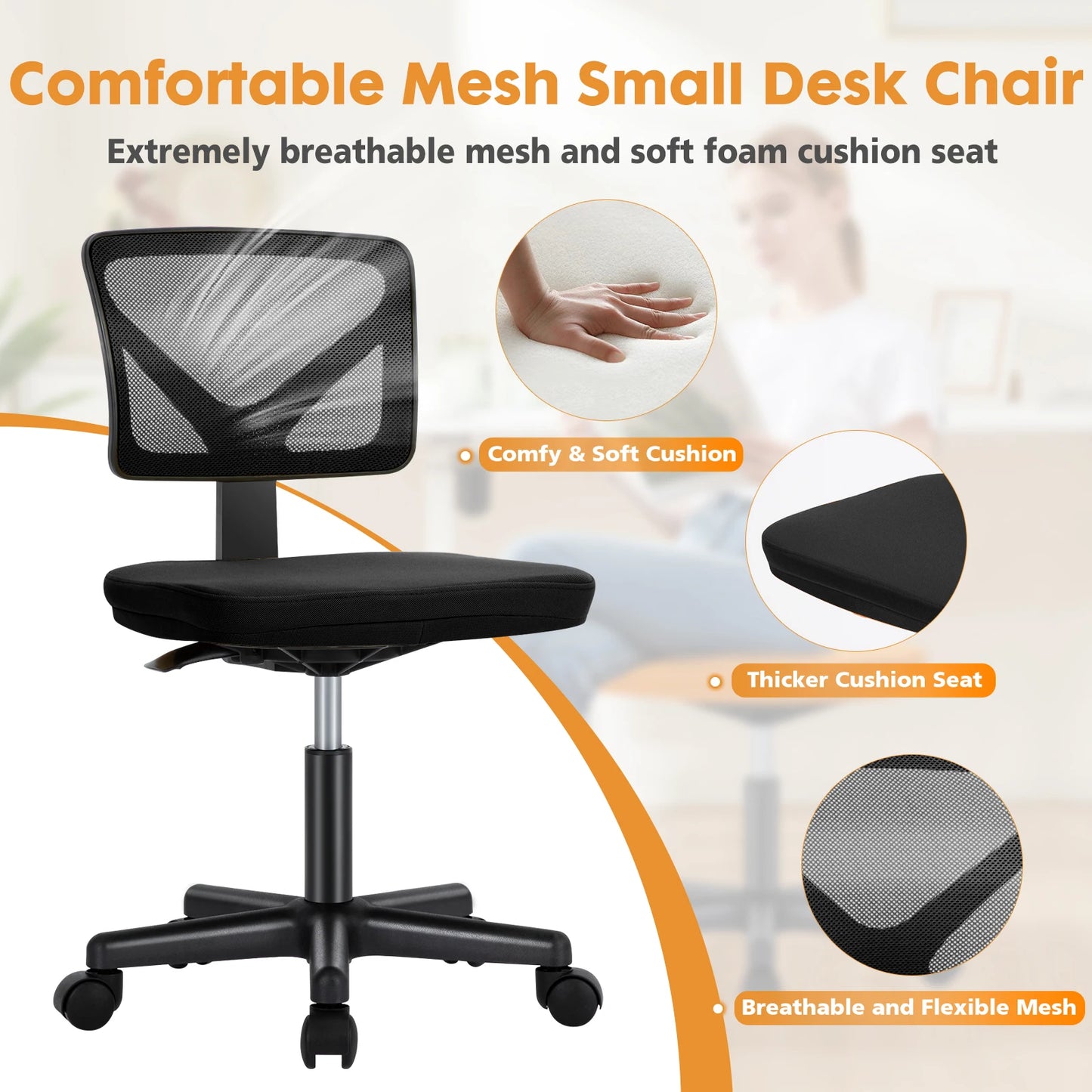 JHK Mesh Lumbar Support Adjustable Armless Office Chair With Wheels