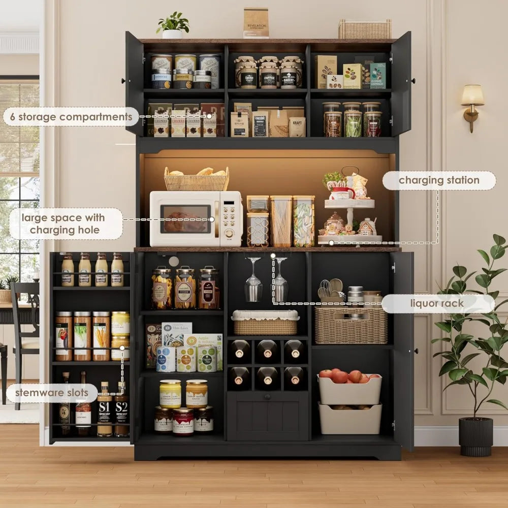 71" Pantry Cabinet with LED Light and Charging Station, Kitchen Pantry Cabinet with Microwave Stand, Kitchen Hutch, Customized