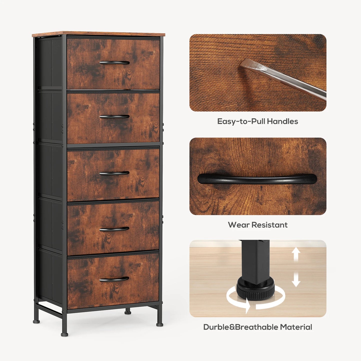 JHK 48 Inch Dresser With 5 Fabric Drawers Bedroom Storage Cabinet