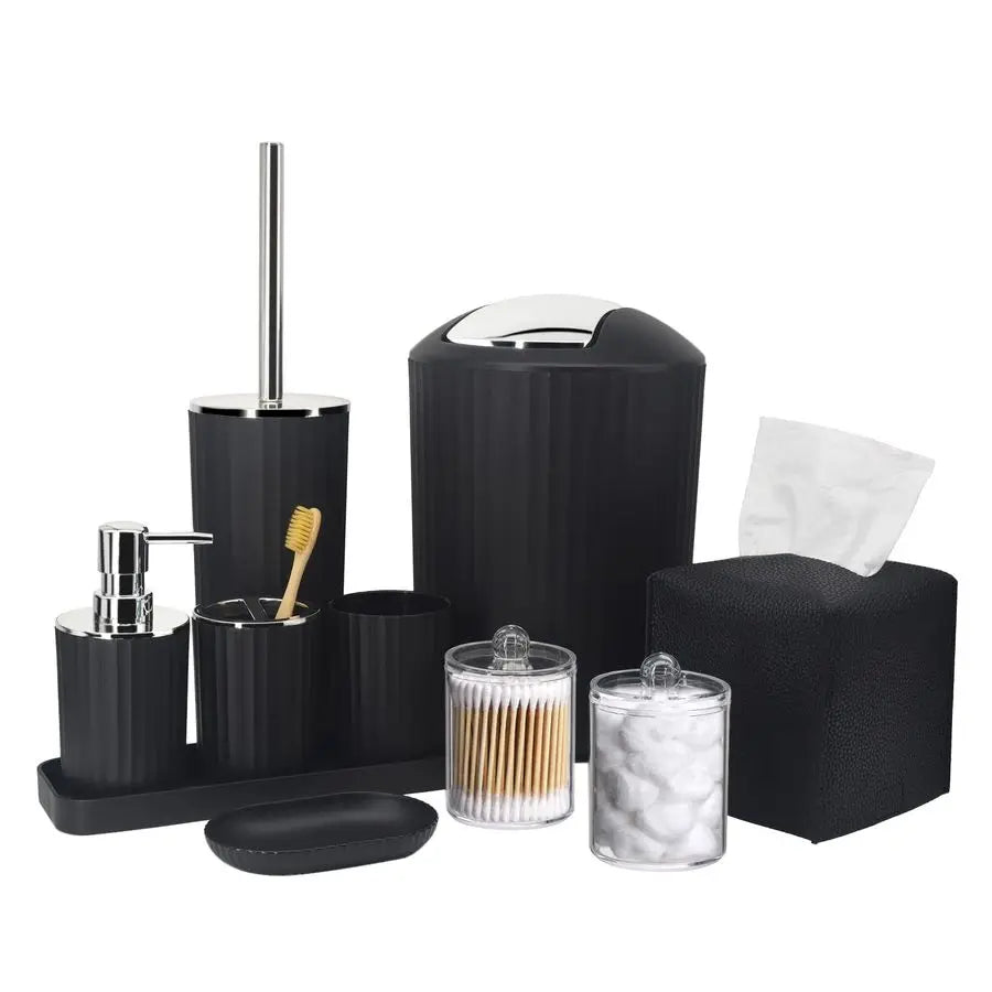 Accessory Set 10 Piece Black Bathroom Accessories Set with Trash Can, Toothbrush Holder and Cup, Soap Dispenser, Soap Dish, Toil