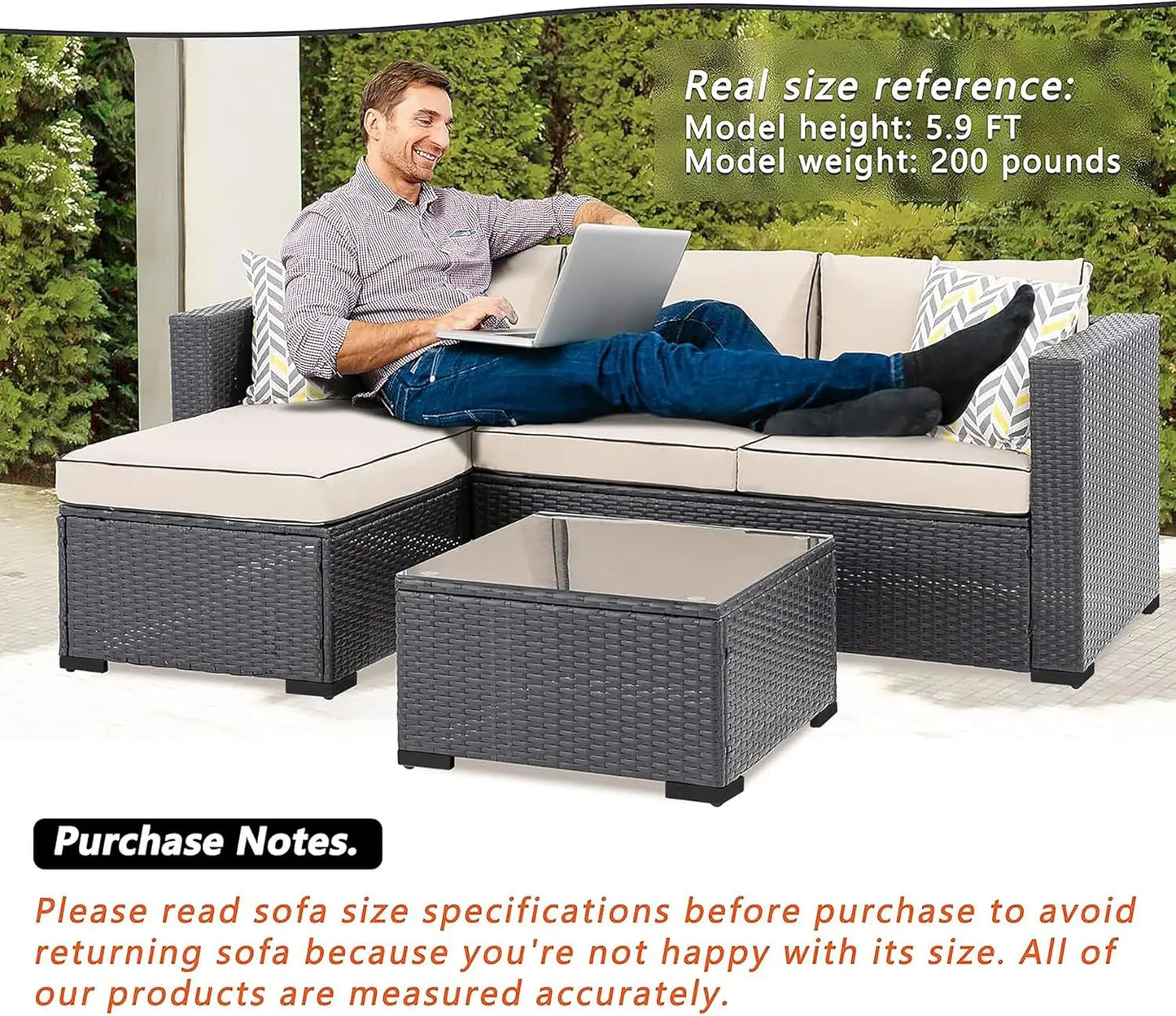 Outdoor Three-Piece Rattan Sectional Set With Glass Table Cushions
